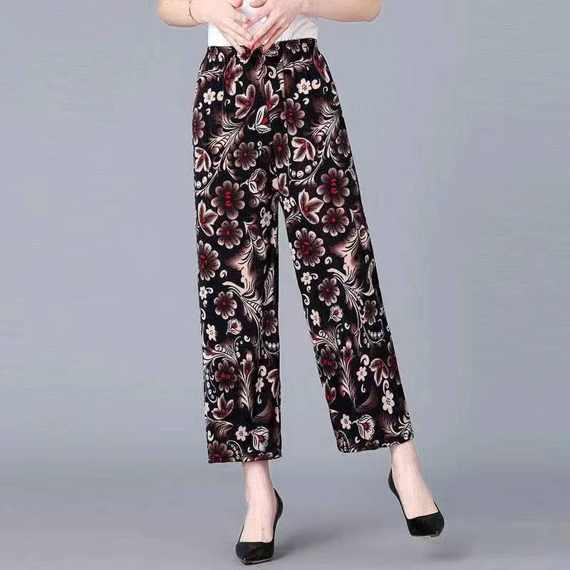 Chinese Summer Ice Silk High-Waist Floral Pants: Casual, Loose-Fit for Middle-Aged & Elderly Women
