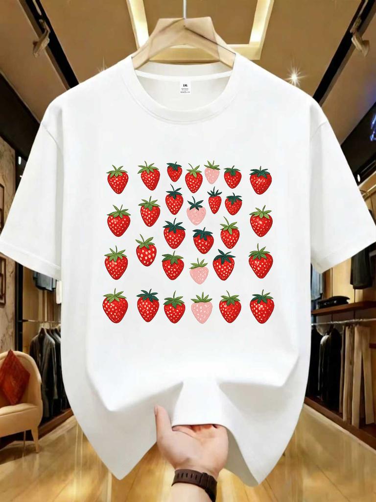 Wds01419strawberry Print Plus Size Unisexs Round Neck Tshirt Summer Casual Street Fashion Unisexs Joker Short Sleeve Tshirt