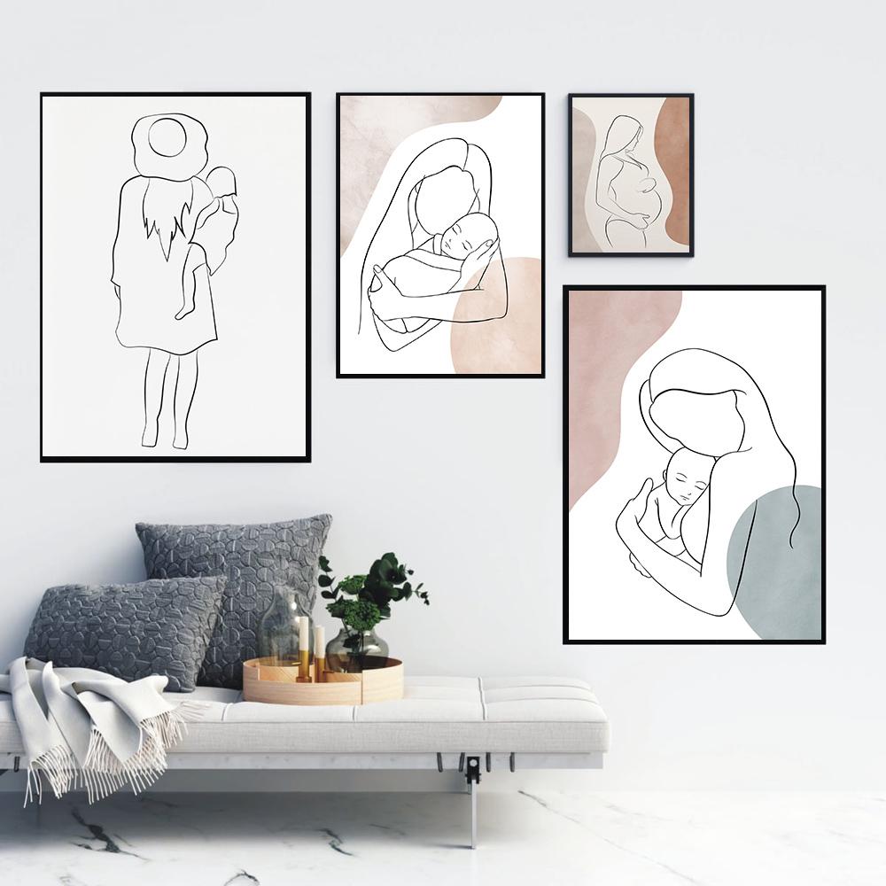 Mother and Baby Child Art Line Drawing Posters Abstract Minimalist Wall Art Canvas Print Painting Nursery Decorative Pictures