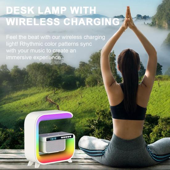Wireless Charging Speaker Alarm Clock with Colorful Atmosphere Light G-shaped Multi-functional Bluetooth-compatible Desk Lamp Speaker