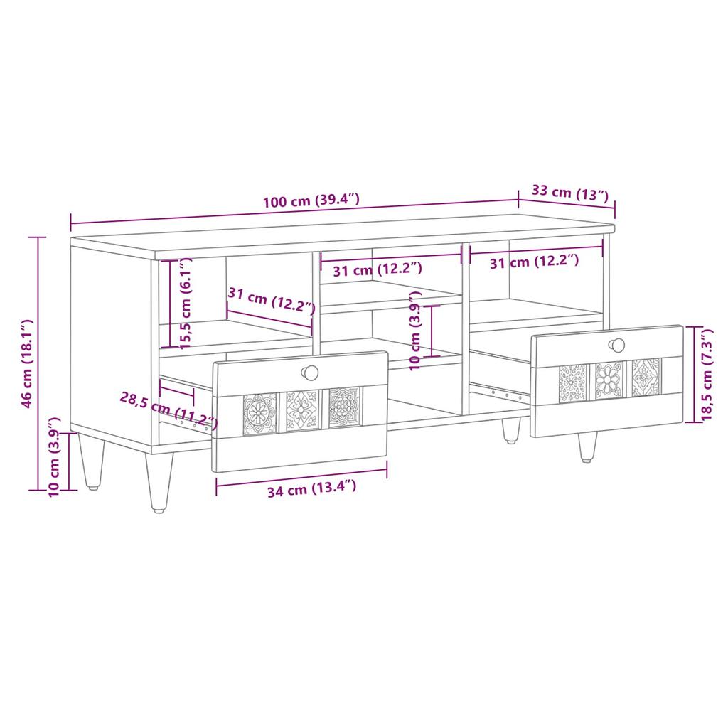 TV Stand with Shelf Natural 100 X 33 X 46 Cm Solid Mango Wood