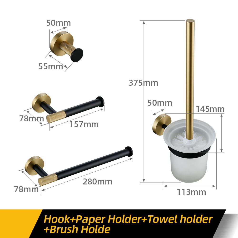 Towel Rack Wall Mounted Towel Rack Brushed Gold Paper Holder& Matte Black Hook Knurled and Combined Colors Toilet Brush Holder