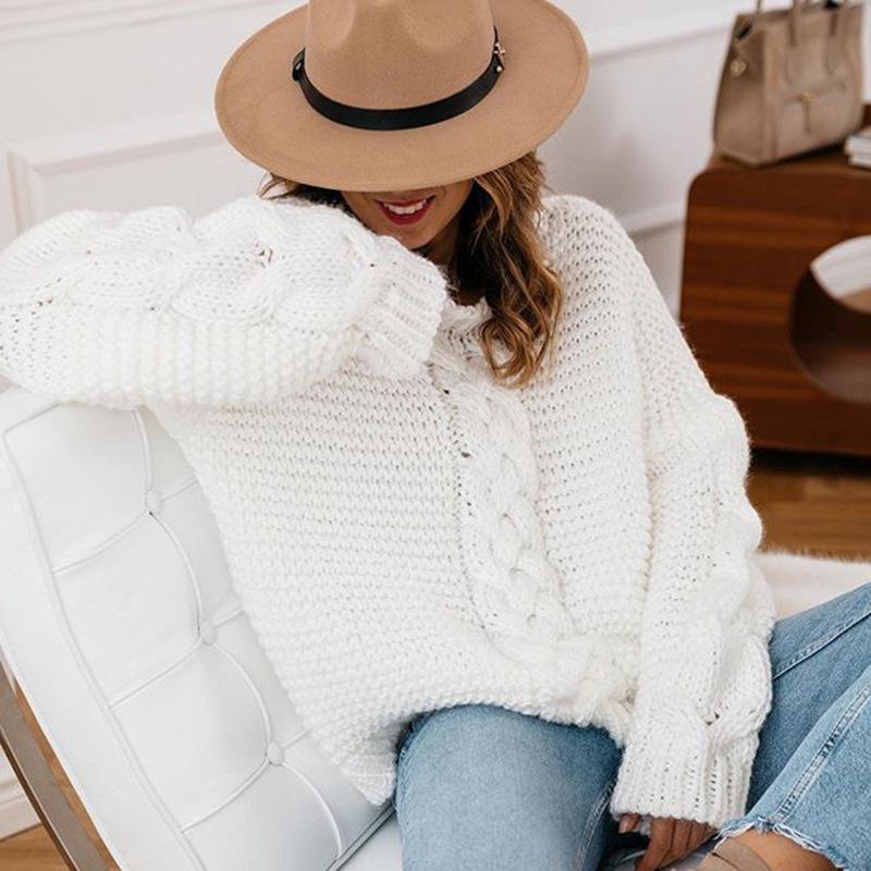 Women's Autumn Winter Loose Knitted Casual Sweater V-Neck Twist Pure Color Comfortable Plus Size Sweater