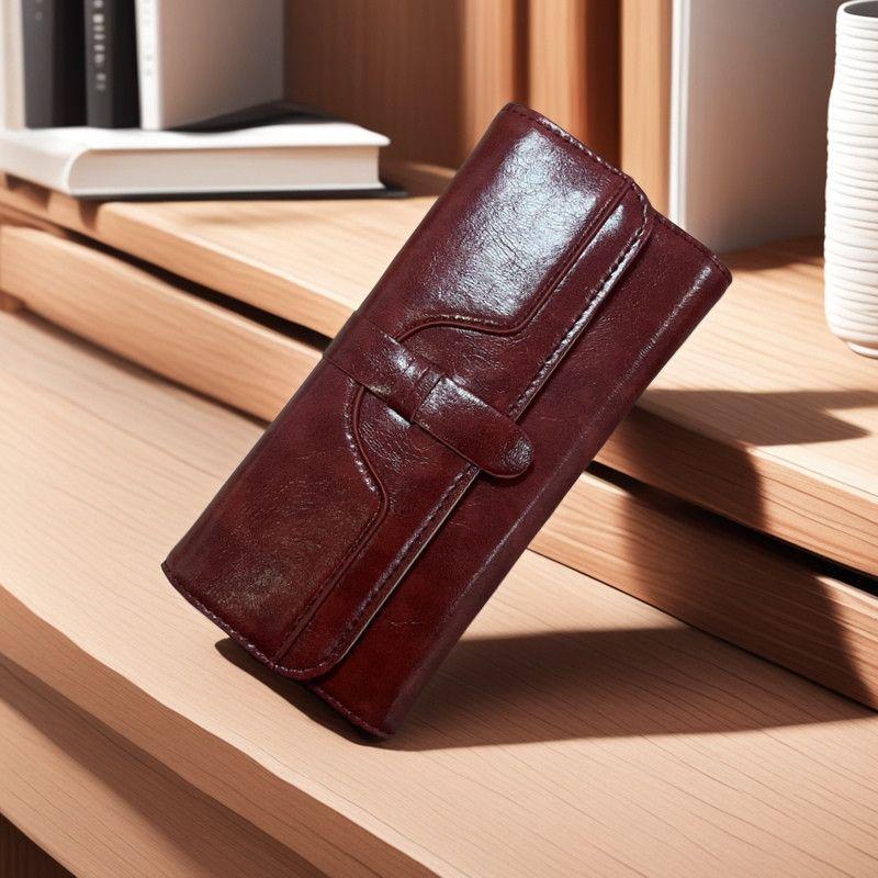 Women's Tri-fold Oil Wax Leather Wallet with Buckle - Multi-Card Holder, Solid Color, Fashionable and Simple Design
