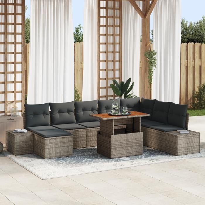 VidaXL Ensemble de Salle à Manger de Jardin en 9 Pièces avec Coussins en Rattan Gris et Acacia 3349999