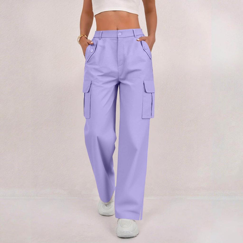 Women's Casual Fashion Solid Color Elastic Waist Drawstring Pocket Wide-Leg Straight-Cut Joggers