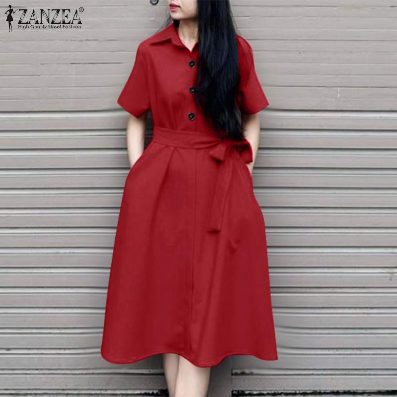 ZANZEA Women Casual Turn Down Collar Loose Short Sleeve Shirt Dress