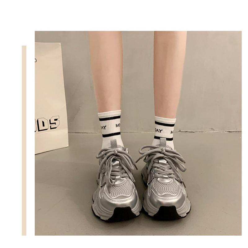 Women S Silver Thick Sole Dad Sneakers Breathable Casual Sports Shoes