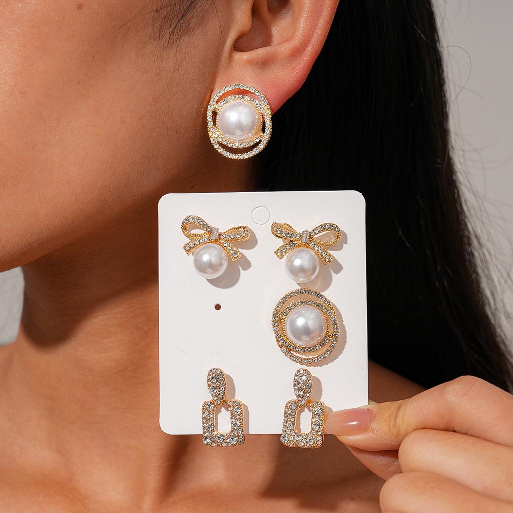 Twelve-piece set of diamond-set imitation pearl opal geometric silver needle stud earrings retro earrings