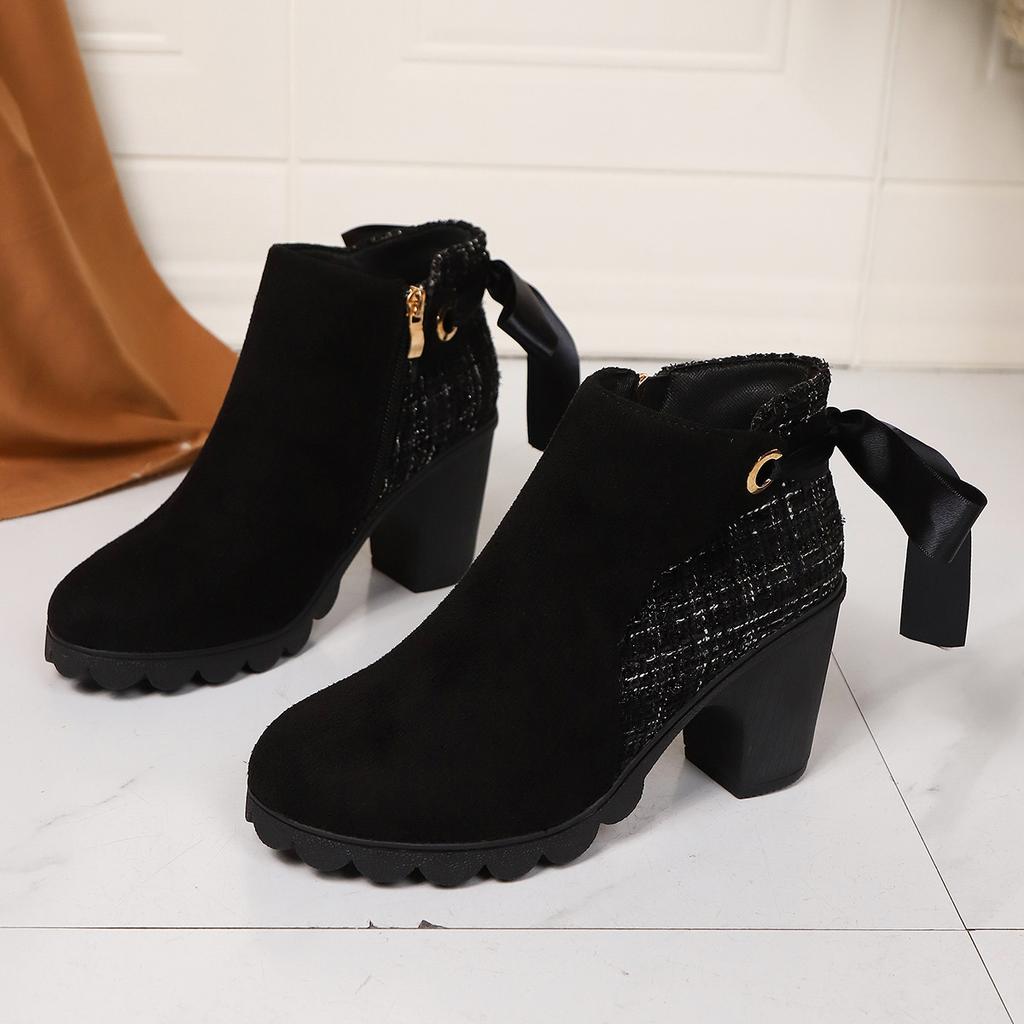 Fashion High-heeled Fashion Ankle Boots Women 2025 Spring Autumn Female Shoes Black Roman Style Suede Side Zip Short Botines for Women