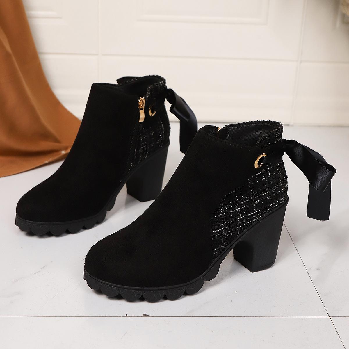 

Fashion High-heeled Fashion Ankle Boots Women 2025 Spring Autumn Female Shoes Black Roman Style Suede Side Zip Short Botines for Women 35 чёрный
