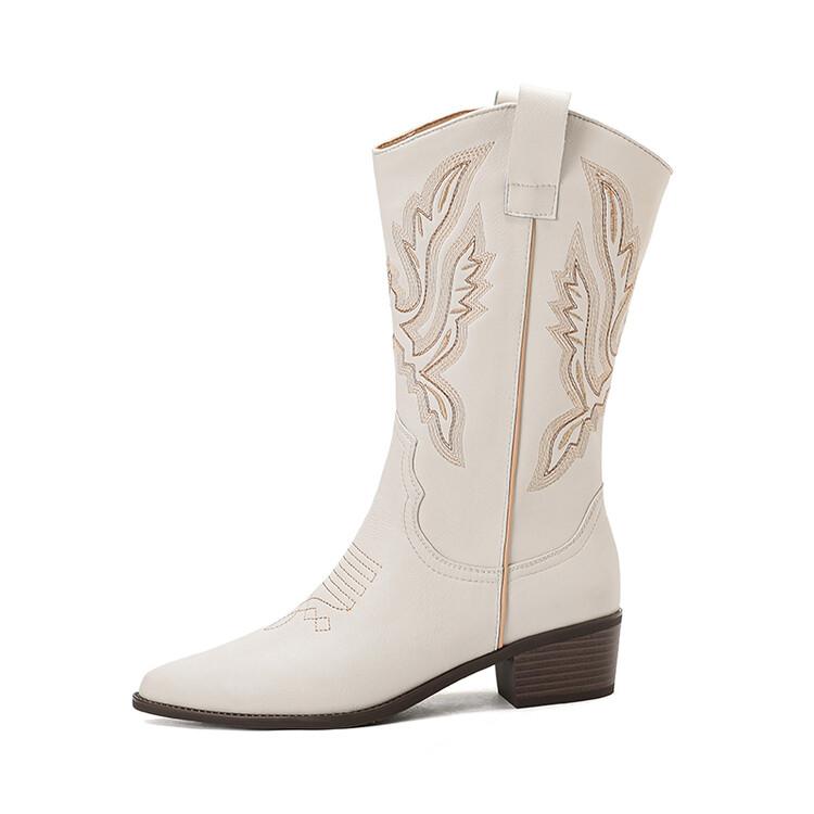 Fashion Autumn Winter Split Leather Women Boot Fashion Embroidery PointedToe Boots for Women Mid-calf Boots Botines Mujer Knight Boots