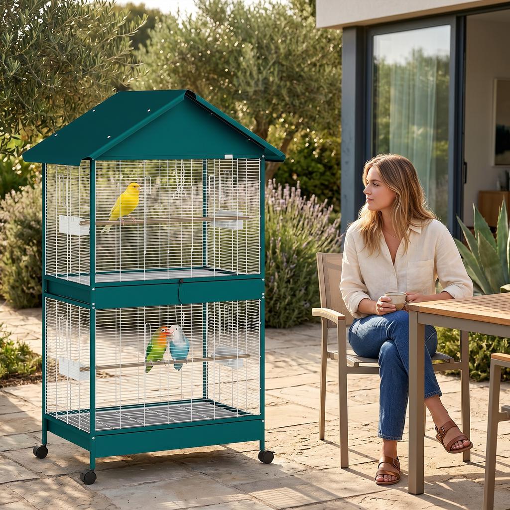 Birdcage on Wheels, Removable Divider, 4 Feeders 2 Perches, 2 Sliding Trays, 94 x 70 x 158 cm