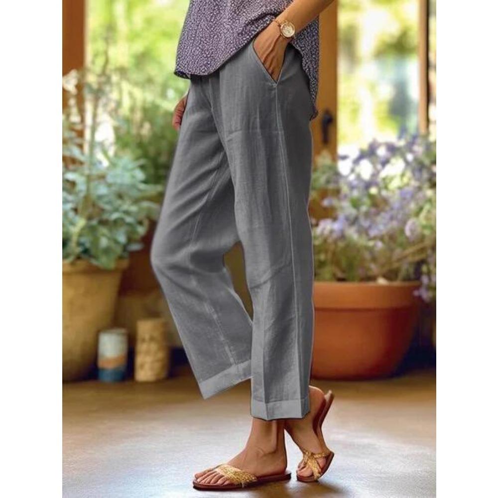 Spring Summer New Women Solid Cotton Linen Wide Leg Pants, Elastic Waist Loose Casual Trousers, Breathable Daily Fashion Bottoms