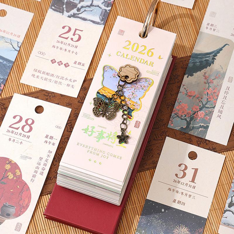 2026 Desk Calendar With Gold Ring Binding 365 Days Vintage Oil Painting Inspirational Quotes One-Way Page Turn Daily Planner