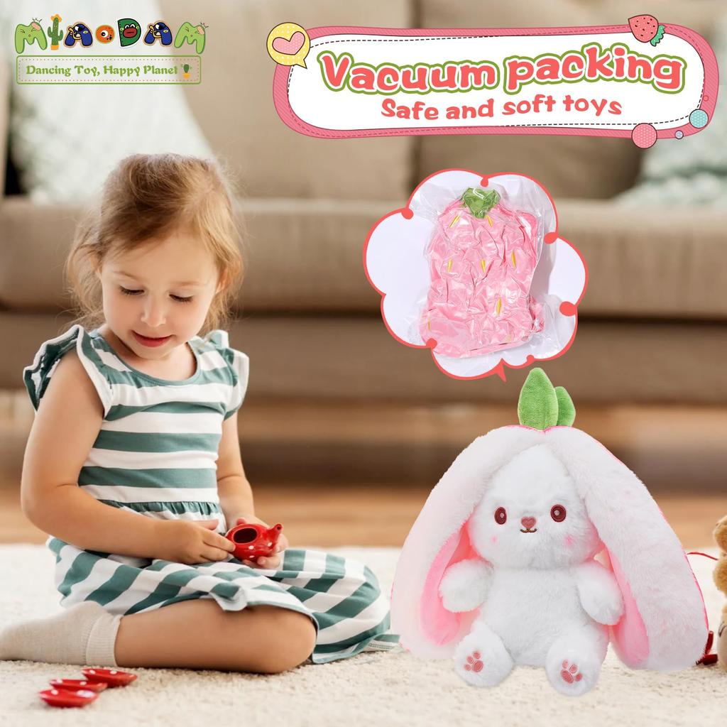 35cm Large Easter Bunny Stuffed Animal, Kawaii Squishy Cute Easter Bunny Plush Turn Into Rabbit Fruit Doll Carrot Strawberry Pillow