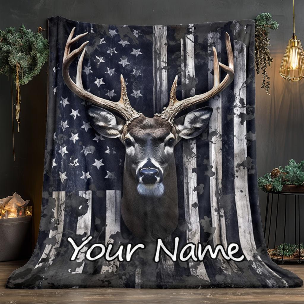 Custom Deer Head Fleece Blanket Personalized Name American Flag Print Throw Soft Warm All Season Bedding Gift For Hunting Lovers