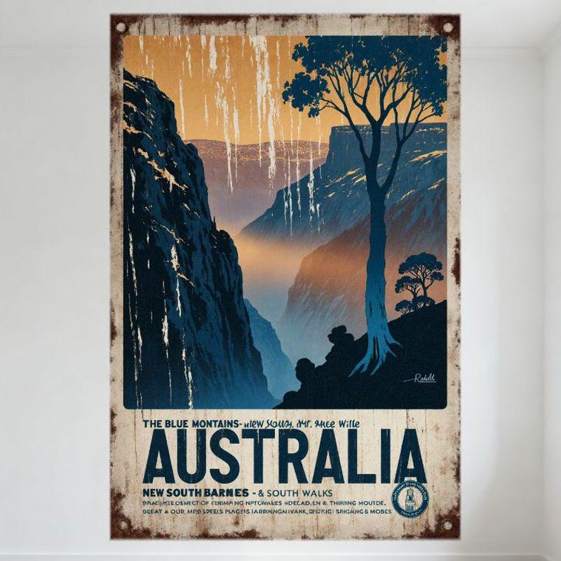 

Vintage Australia Blue Mountains Metal Tin Sign, Retro Travel Propaganda Wall Decor, Rustic Aged Metal Poster for Home Bar Cafe 20x30cm（7.8x11.8inch）