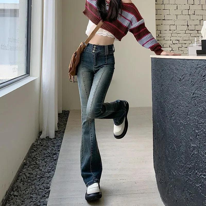 Hotsweet Vintage Slim Bootcut Jeans Spring Autumn High Waist Button Women's Clothing Washed Denim Pants Streetwear Chic Trousers