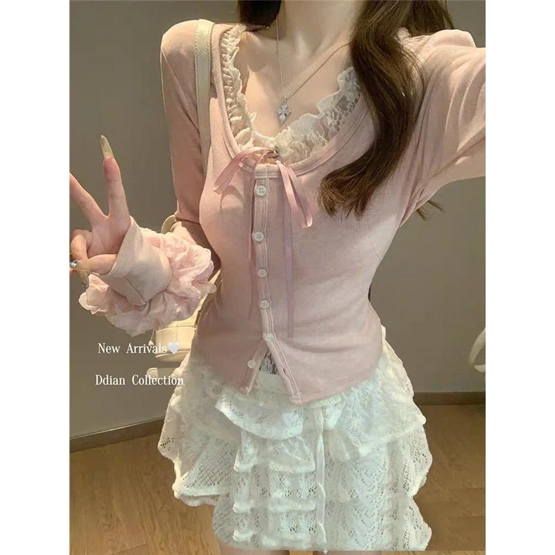 Spitzenbesatz Strickjacke mit Bindeband vorne Slim Fit Knopfleiste Pullover