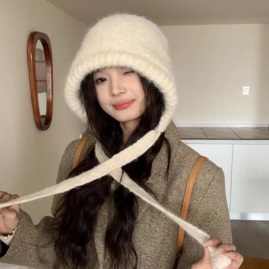 Chapéu Feminino Outono Inverno Gorro Quente Japonês Malha Chapéu Boné de Pelo À Prova de Vento Grosso Proteção de Orelhas Gravata Pulôver Gorro Bonnet