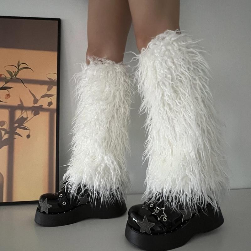 Fuzzy Faux Furs Leg Warmers Furs Heels Long Boots Cuffs Cover Has Elastic One Pair Carnivals Boot Cover Y2K JK Uniform