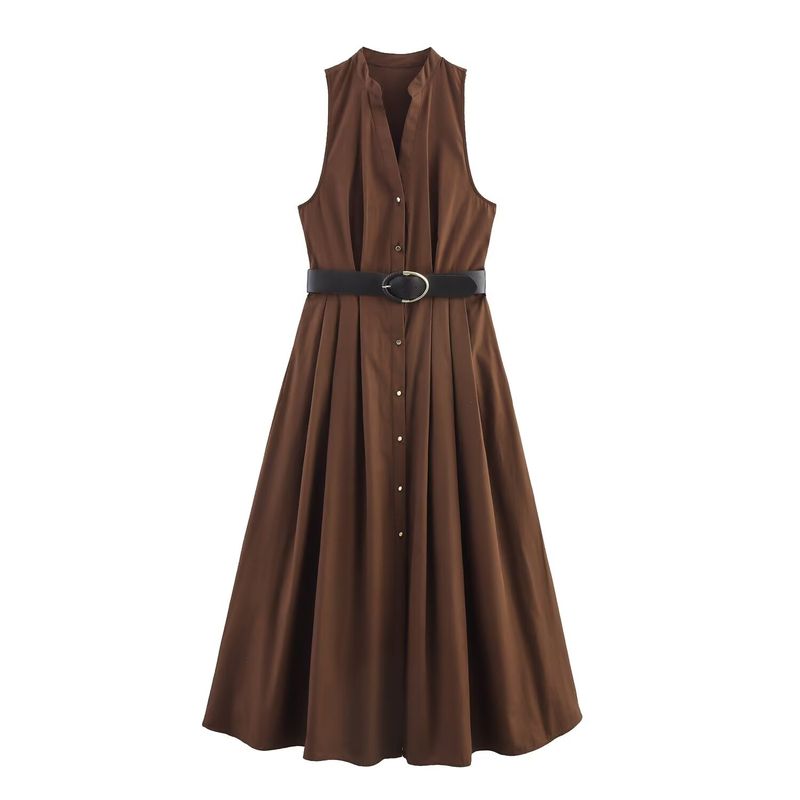 

Kaslead New Arrival Women s Clothing Fashion Style Fashion Minimalist with Belt Midi Skirt Dress 5029101 Brown L