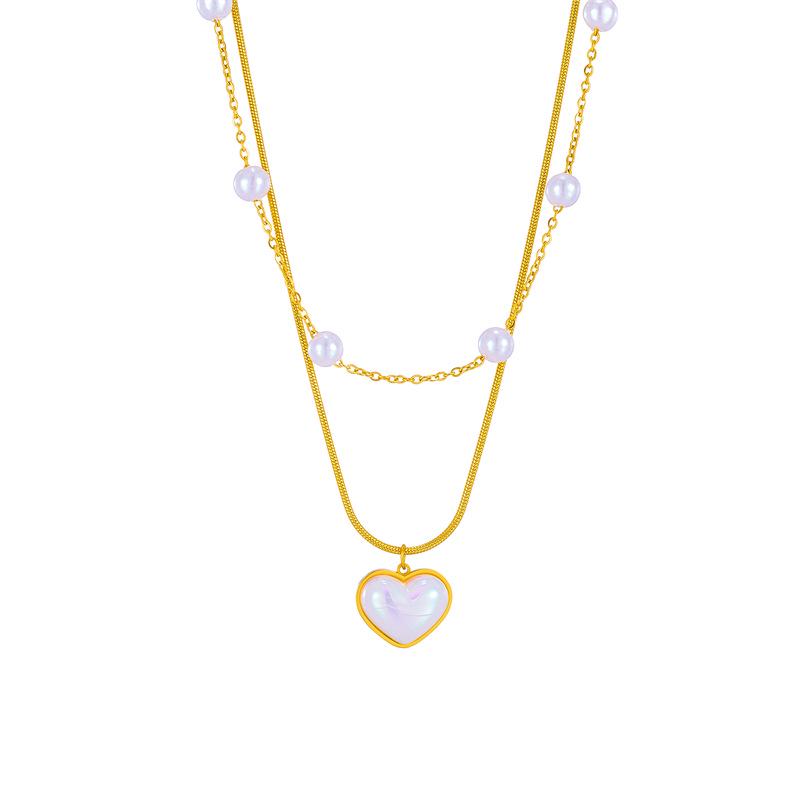 Pearl Heart Titanium Necklace: Double Layer Women s Stainless Steel Clavicle Chain - Elegant Niche Design