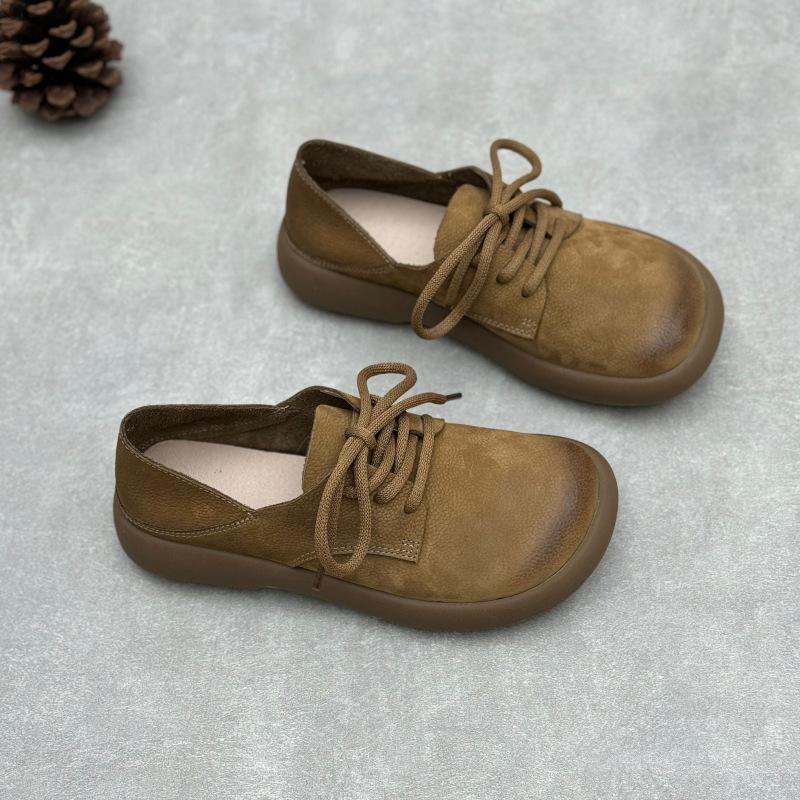 Johnature Genuine Leather Women's Shoes Retro Round Toe Soft Soled Lace Up Versatile Shoes