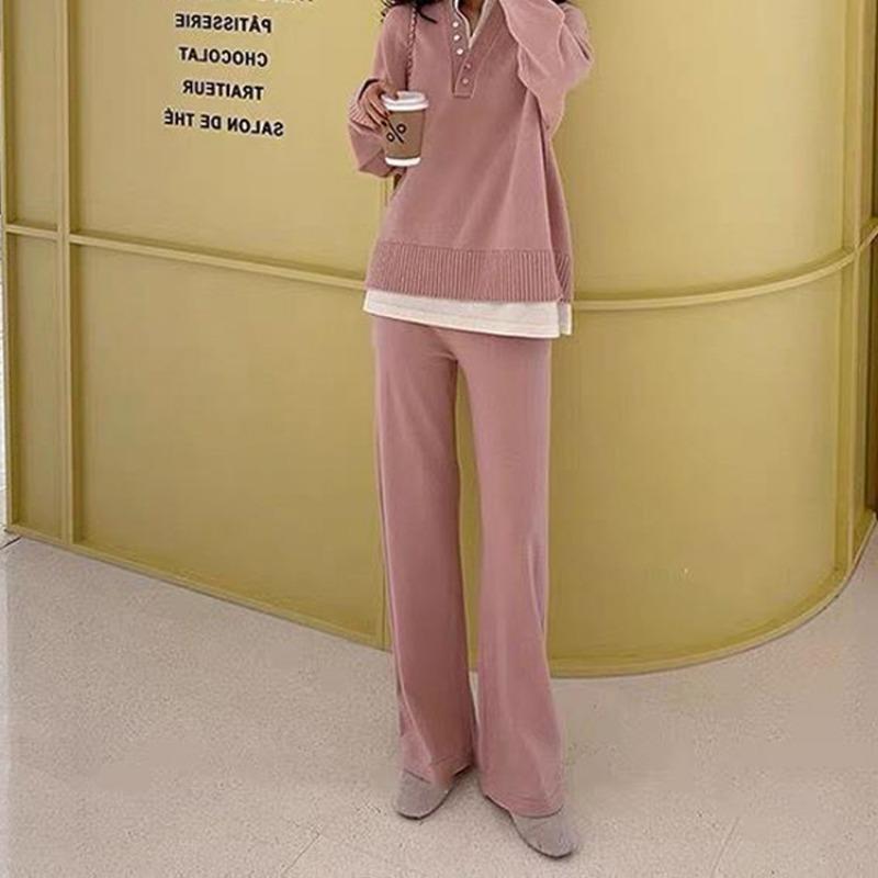 

Повседневный трикотажный костюм осень топ с имитацией двух частей + брюки палаццо комплект из двух предметов вязаный свитер для женщин one size fits all розовый