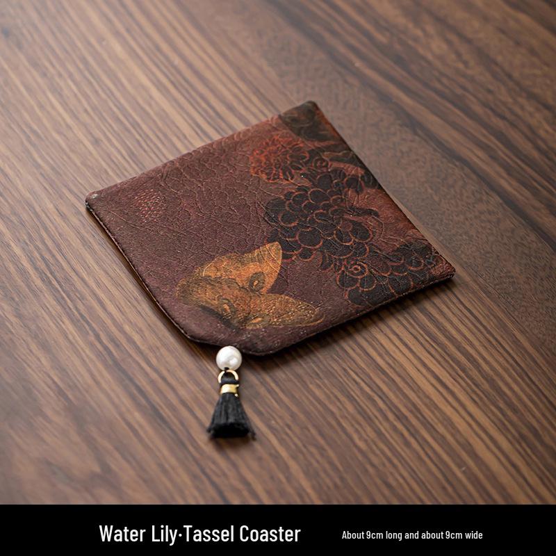 Elegant Chinese Tassel-Fabric Coaster: Waterproof, Anti-Slip, Double-Sided Tea Table Accessory
