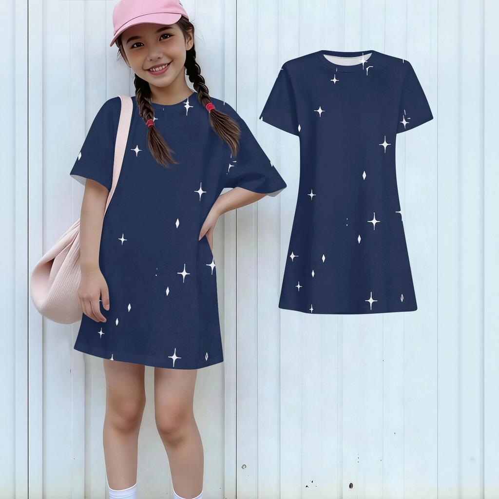 Girls Print Casual Dress Kids Loose Round Neck Short Sleeve Thin Sundress