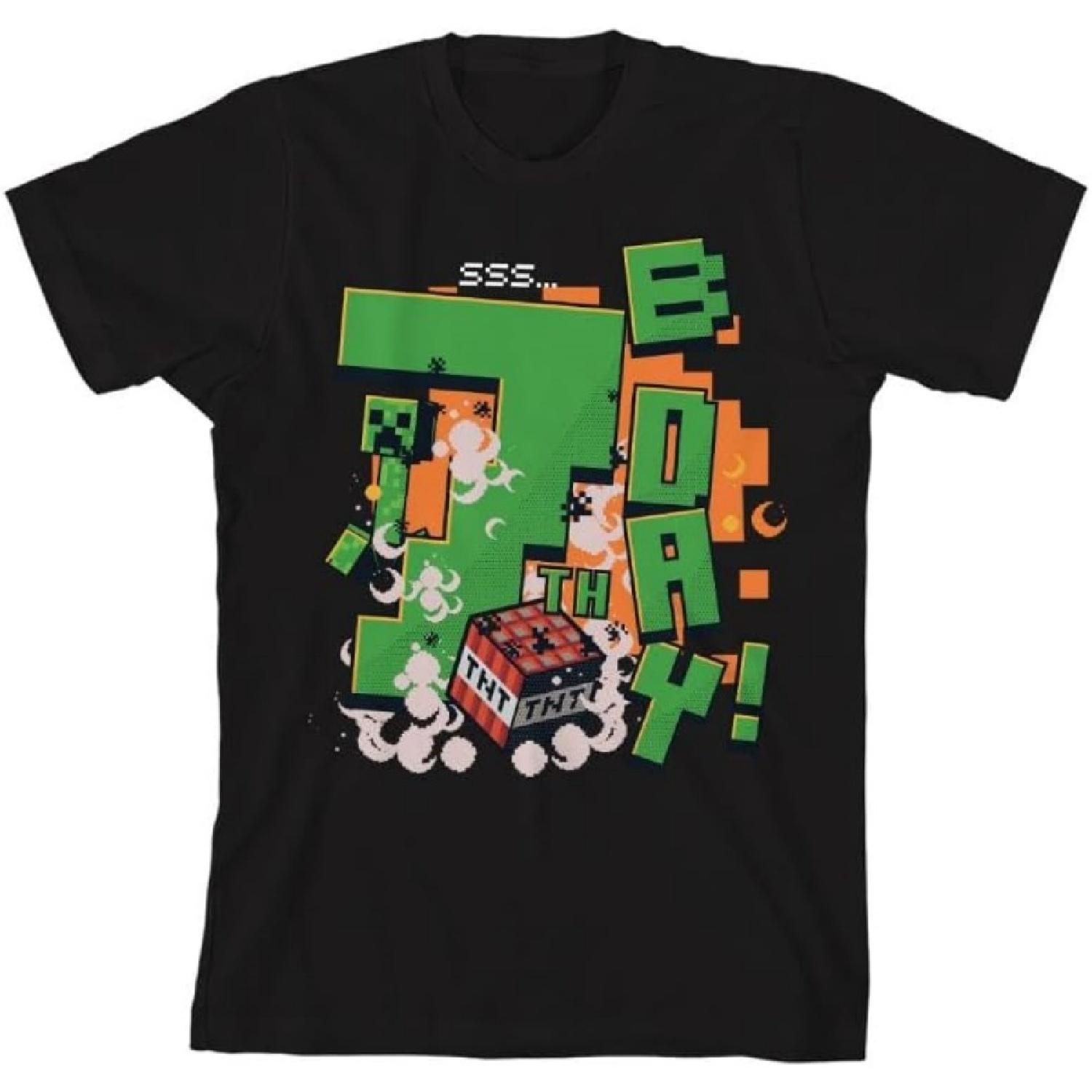 Детская черная футболка Minecraft Крипер 7-й День Рождения S