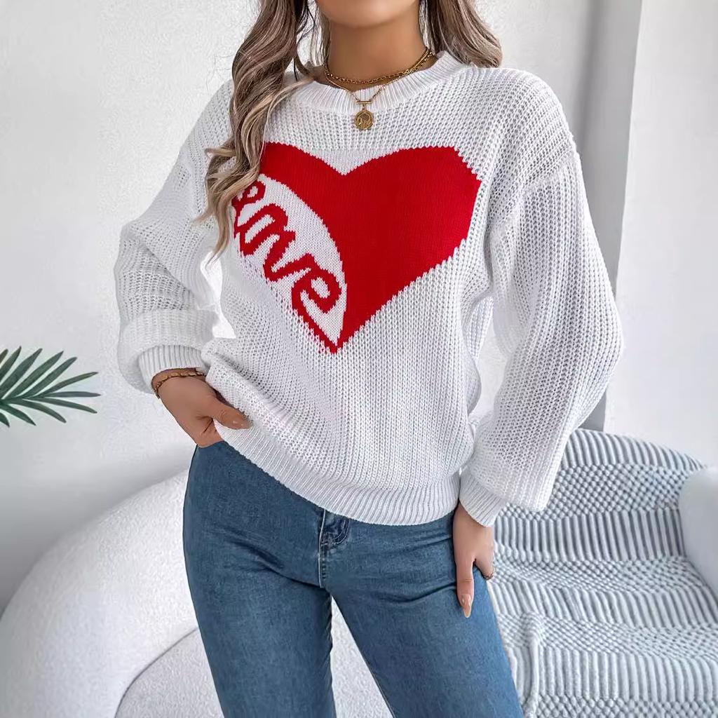 GMXIA Autumn and Winter Casual Valentine's Day Color-blocking Heart LOVE Long-sleeved Pullover Sweater Women's Wear