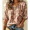 Women's Sweet Bow Print Tie Neck Blouse Ruffle 3/4 Sleeve Loose Fit Cute Daily Dating Holiday Shirt