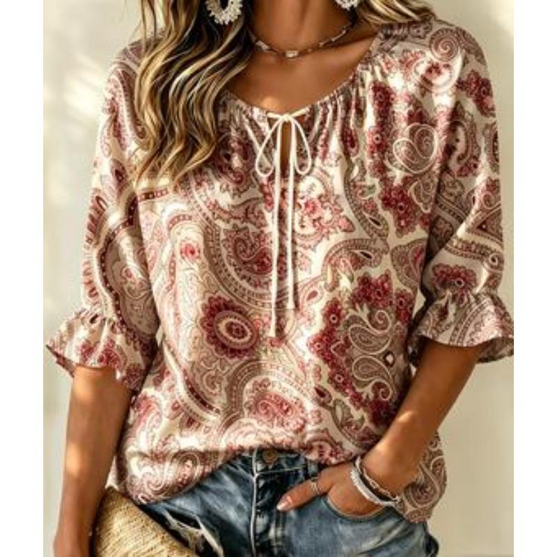 Women's Sweet Bow Print Tie Neck Blouse Ruffle 3/4 Sleeve Loose Fit Cute Daily Dating Holiday Shirt