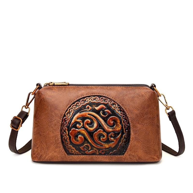 2025 Retro Ethnic Style Women's Genuine Leather Crossbody Bag for Middle-Aged Women