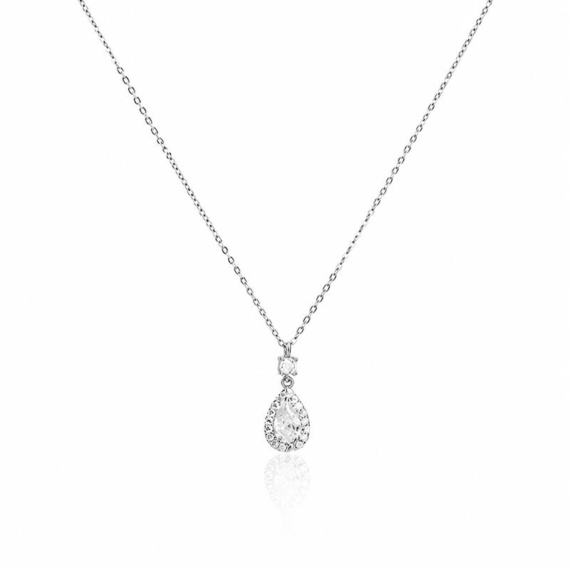 Sparkling Pear Cut Cubic Zirconia Pendant Necklace Silver Tone Halo Teardrop Clavicle Chain Luxury Pendant Jewelry Gift for Bridesmaid Wedding J0462