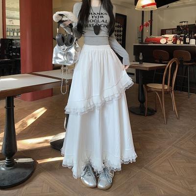 Women's Spring/Summer Lace-Paneled Tiered Midi Skirt - Elastic High-Waist Ruffled A-Line Maxi Skirt with Drapey Flounce & Sweet Charm