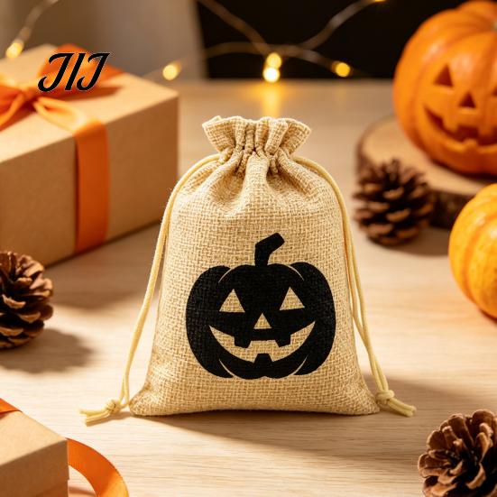 Cotton Linen Jewelry Bags Halloween Burlap Treat Bags, Pumpkin Ghost Bat Spider Witch Print Drawstring Gift Favors Candy Pouches for Cookies