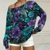 Women's Casual Retro Floral Print Off Shoulder Long Sleeve Loose Fit Sweatshirt with Pockets