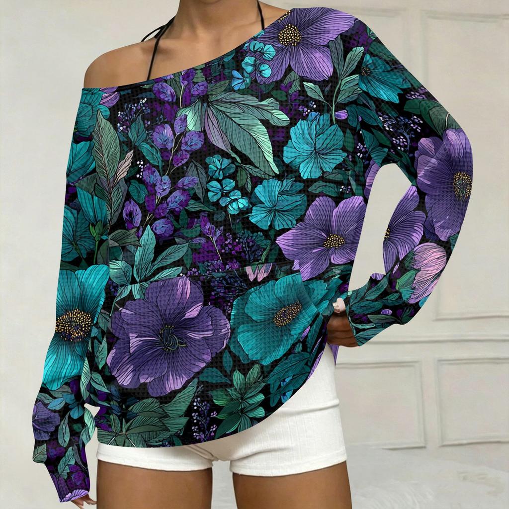 Women's Casual Retro Floral Print Off Shoulder Long Sleeve Loose Fit Sweatshirt with Pockets
