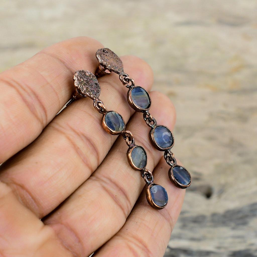 Kyanite Earring Electroformed Copper Earrings Handmade Kyanite Jewelry Real Gemstone Earrings Electroformed Copper Jewelry Earrings For Gift