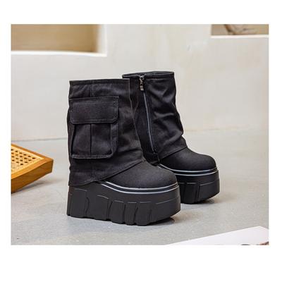 Mode 14CM Streetstyle Denim Mid-Calf Plateau Keil Atmungsaktive Damenstiefel Lässige Kniehohe Stiefel Herbst Damen Frühjahrsschuhe