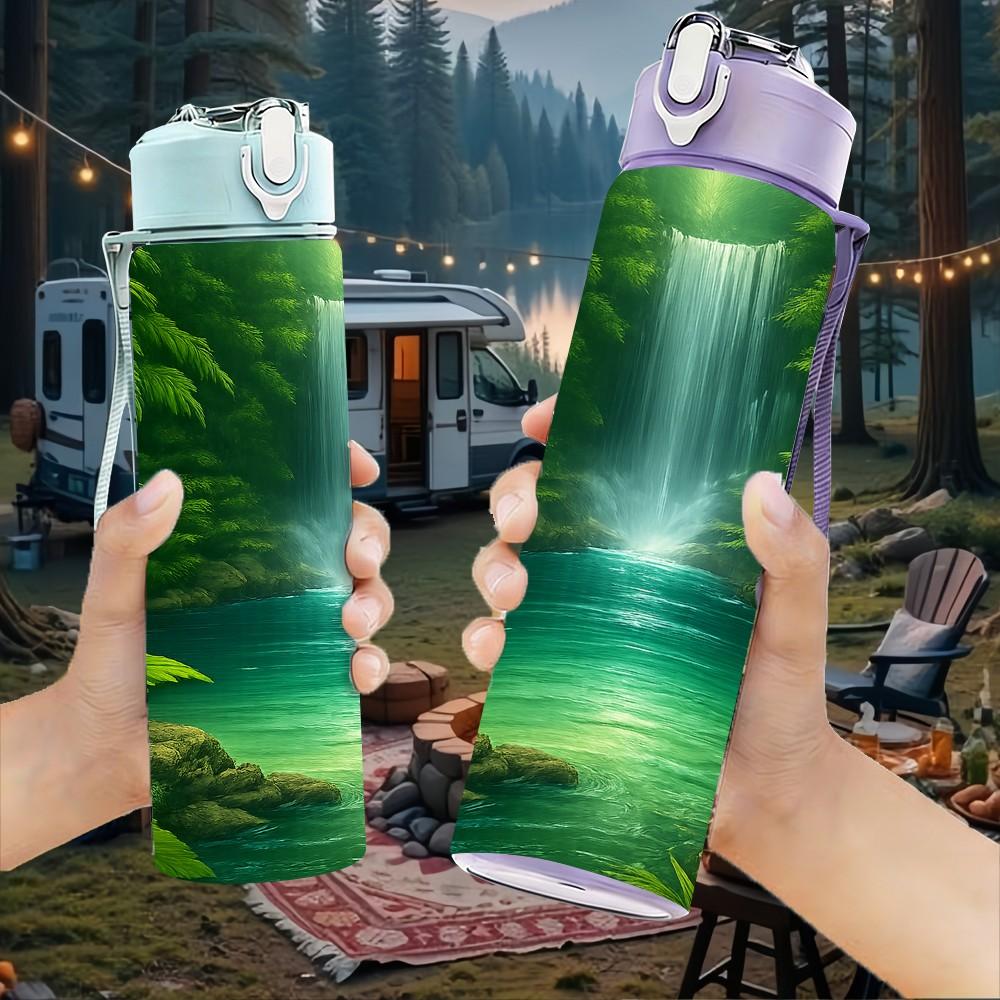 1PC Green Forest Waterfall Nature Scene Print 750ml Color Plastic Sports Water Bottle Leakproof Flip Straw Lid Suitable for Sports Office Home Use