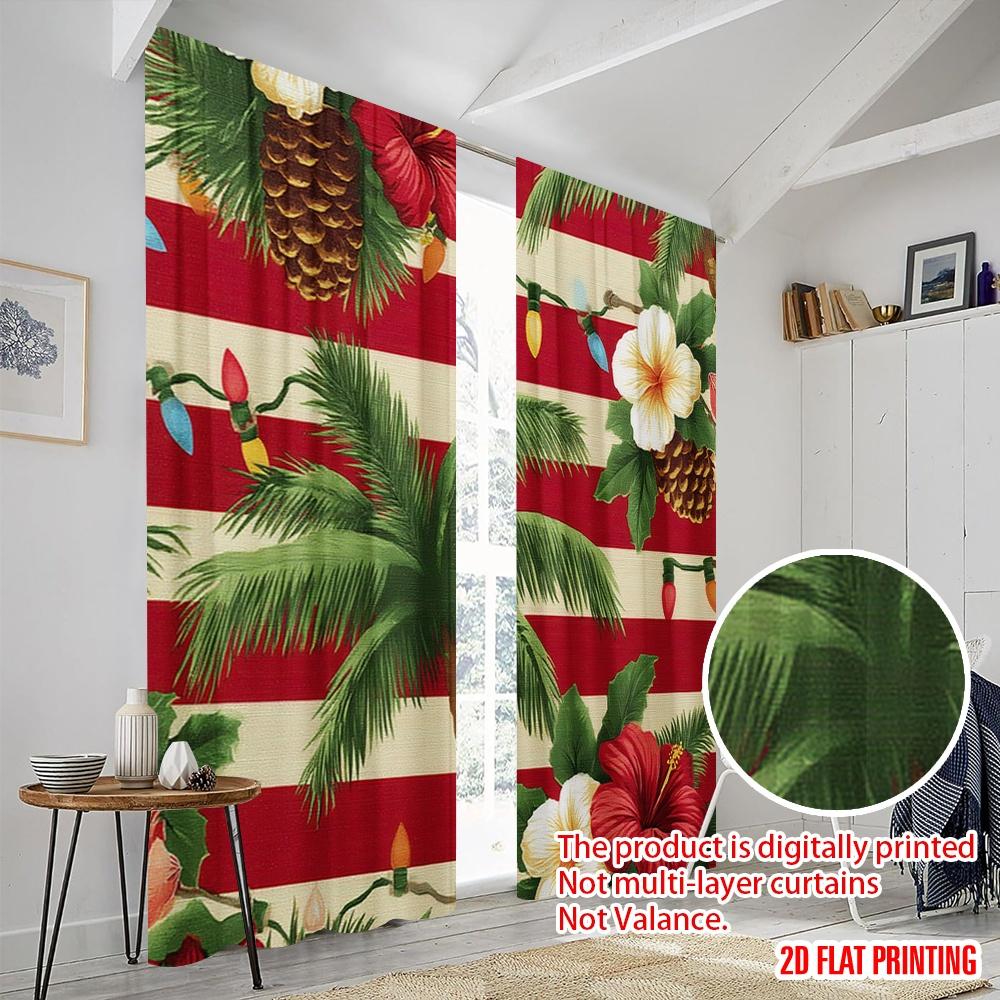 2 Stück, 2D-Flachdruck Vorhang Beliebte tropische Santa Strandszene mit Palmen & Ozean Langlebiges Polyester (ohne Stange)