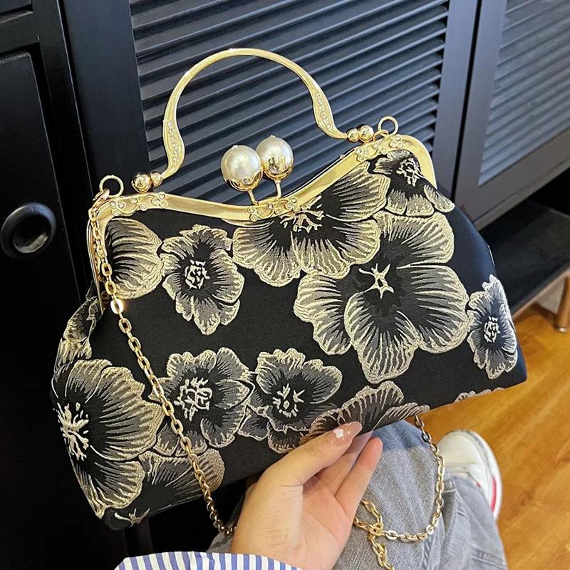 

Винтажный цветочный клатч для женщин, свадебный ужин, ракушка, зажим, вечерний клатч, ремень, сумки, вышитые цепочки, кошельки и сумки