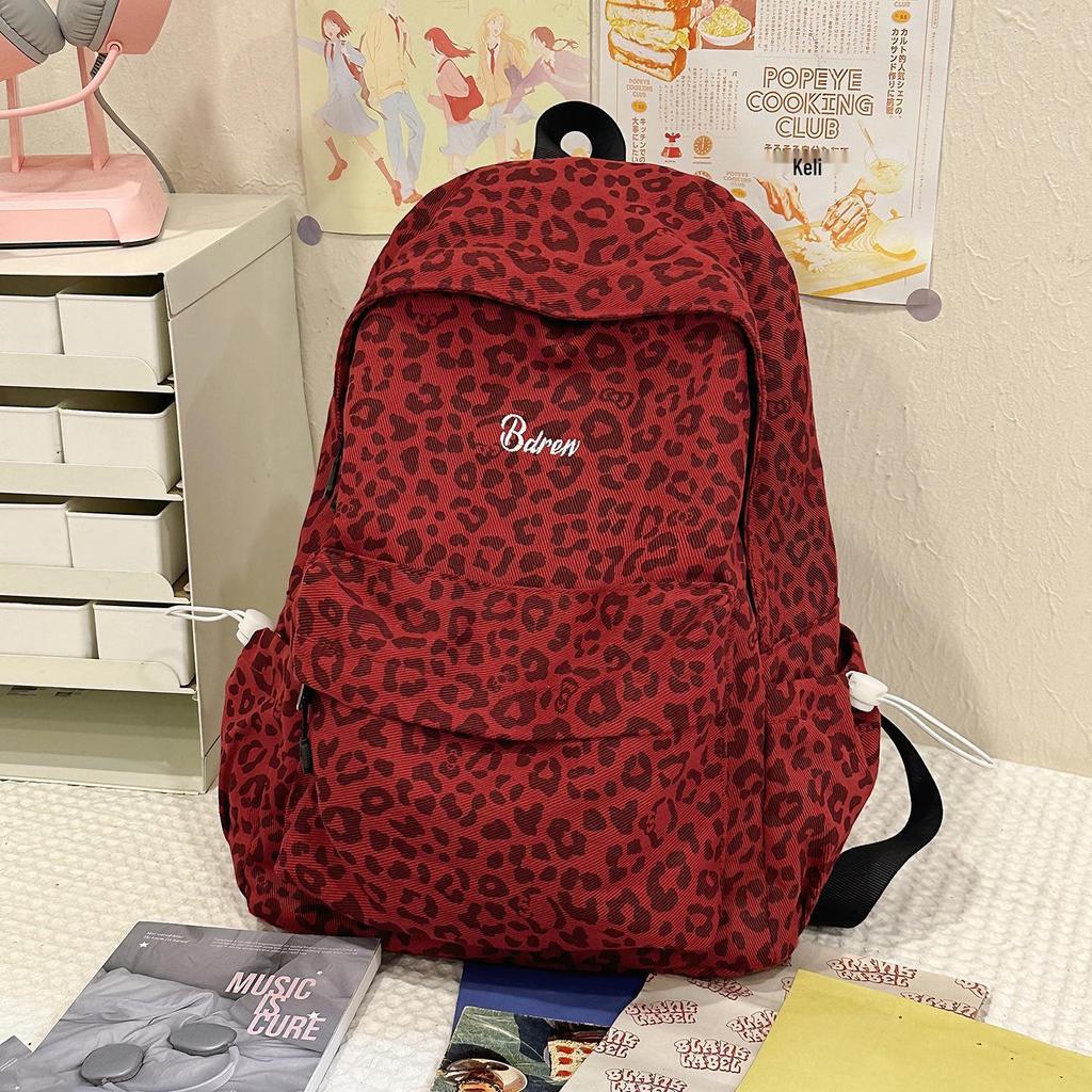 Women's Red Leopard Print Double Shoulder Backpack - Stylish American Niche Travel Bag, Large Capacity, Lightweight