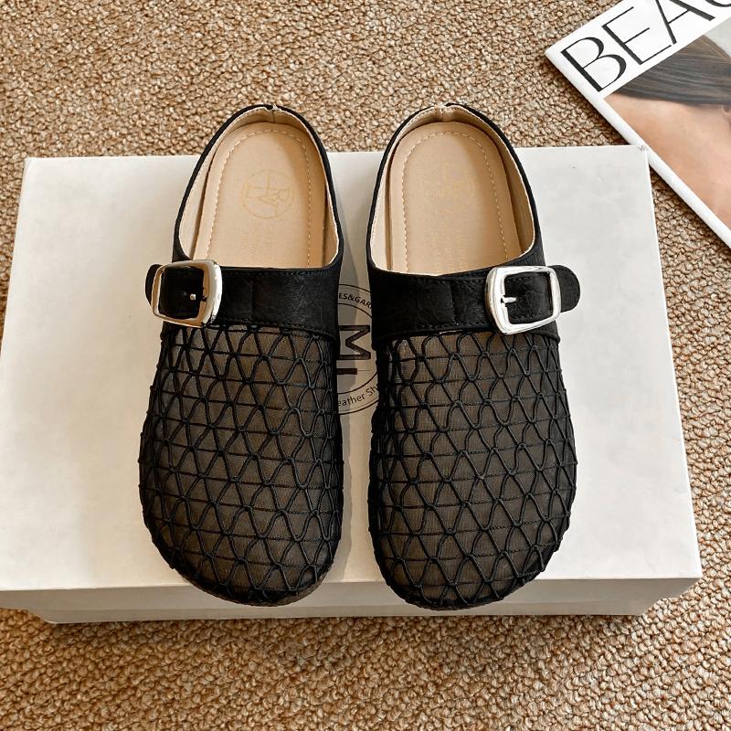 Fashion CRLAYDK Mule for Women Backless Buckle Loafers Slip On Mesh Hollow Out Casual Walking Flat Slides Closed Toe Ladies Slippers