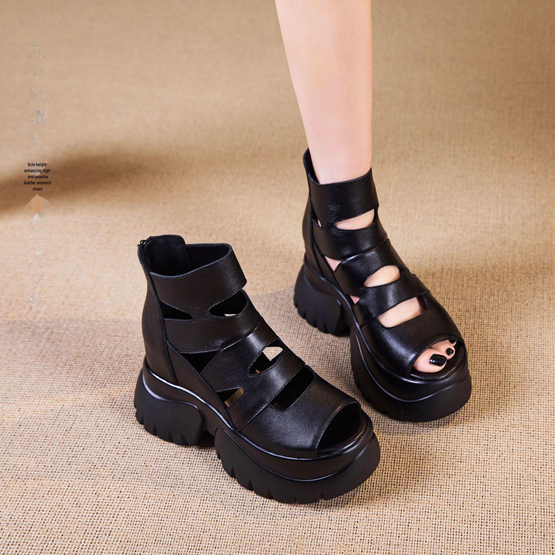 

Римские сандалии из натуральной кожи высотой 9 см, увеличивающие рост: Модные, повседневные туфли на толстой платформе и каблуке для женщин. 37 чёрный